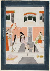 Una signora alla sua toilette ascolta musica accanto a una cascata del palazzo, c. 1780