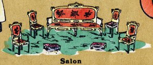 Un salotto con poltrona, sedie e poggiapiedi. Alfabeto illustrato. Imagerie riunite a Jarville-Nancy, inizio XX secolo. Dim: 40 x 29 cm. Litografia su sfondo bistro da Unbekannt