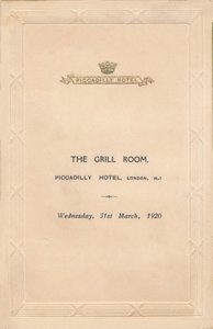 Menu per The Grill Room del Piccadilly Hotel, Londra, 1920 da Unbekannt