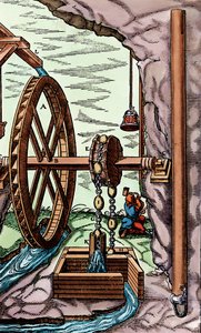 Una miniera drenata da una pompa a straccio e catena alimentata da una ruota idraulica, 1556