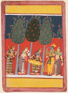 Una pagina da una serie di Rasikapriya: Krishna e Radha e le Sakhis con strumenti musicali, c. 1650