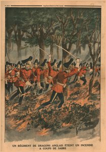 Un reggimento di dragoni inglesi spegne un incendio con colpi di sciabola, 1914