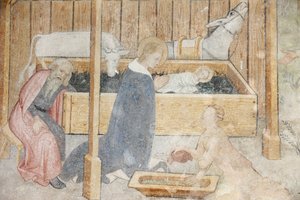 Abbazia di Abondance affresco: scena della natività, Abondance, Francia