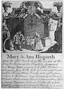 Pubblicità per il negozio di tessuti di Mary e Ann Hogarth, inizio-metà XVIII secolo, 1901