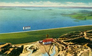 Veduta aerea della diga di Saluda che mostra il lago Murray, S.C., 1942