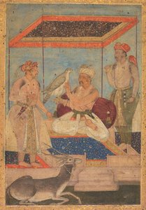 Akbar e Jahangir esaminano un falco Ghir mentre il principe Khusrau sta dietro, c. 1602-1604 da Unbekannt