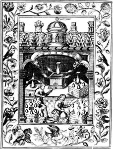 Laboratorio alchemico che mostra varie forme di fornaci e vasi, 1652