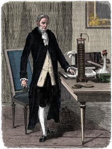 Alessandro Volta, fisico italiano, che dimostra la sua pila elettrica, c. 1800 c. 1870 da Unbekannt
