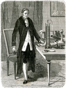 Alessandro Volta, fisico italiano, che dimostra la sua pila elettrica, c1800 c1870