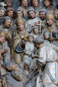 Traslazione delle reliquie di San Firmino. Esumazione dei resti del martire. Dettaglio della storia di San Firmino situato sopra il giacente Adrien Henencourt. Cattedrale di Amiens