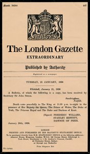 Un bollettino straordinario della London Gazette che annuncia la morte di Re Giorgio V 1865-1936 da Unbekannt