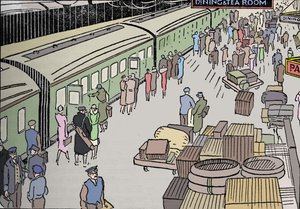 Illustrazione di una stazione ferroviaria degli anni 