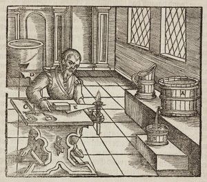 Analisi del salnitro, utilizzato nella polvere da sparo e per la conservazione delle carni - Incisione tratta da Descrizione dei minerali e dei principali metodi di sfruttamento minerario, di Lazarus Ecker da Unbekannt