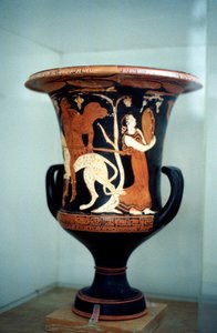 Antico vaso greco con decorazione a figure rosse, inclusa una danzatrice, V secolo a.C. da Unbekannt