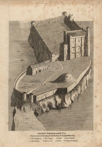 Fortificazione antica: prigione 1, cappella 2, stalla 3, cortile interno 4, cortile esterno 5, barbacane 6, montagna 7 e alloggi dei soldati 8 da Unbekannt