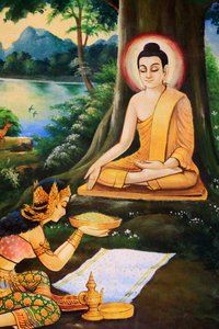 Il Buddha ascetico riceve una ciotola di riso-latte la mattina della sua illuminazione da Nandabala. Dipinto raffigurante la storia della vita di Shakyamuni Buddha, Wat Ong Teu Mahawihan, Tempio del Grande Buddha, Vientiane, Laos
