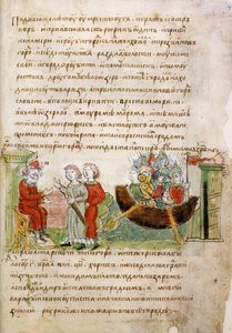 Askold e Dir chiedono a Rurik il permesso di andare a Costantinopoli dal Radziwill Chronicle, XV secolo