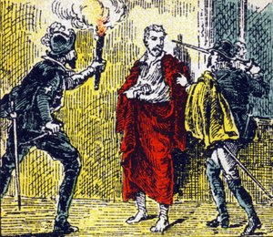 Assassinio di Gaspard de Coligny durante i massacri di San Bartolomeo da parte di un certo Besme il 24 agosto 1572. Incisione in "Histoire de France". Serie di immagini pubblicitarie pubblicate per conto di Louit, 24 rue d