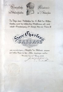 Diploma di Babbage dalla Konigliche Akademie der Wissenschaften Munchen da Unbekannt