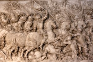 Basilica di San Denis, Tomba di Francesco I re di Francia e Claudia di Francia, bassorilievo della Fondazione, Rappresentazione della battaglia di Cerisoles, qui la cavalleria francese contro le truppe imperiali, Saint-Denis, Francia da Unbekannt