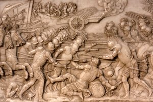 Basilica di San Denis, Tomba di Francesco I re di Francia e Claudia di Francia, bassorilievo della Fondazione, Rappresentazione della battaglia di Marignano nel 1515 - i francesi e la loro artiglieria contro la Vecchia Confederazione Svizzera, Saint-Denis, da Unbekannt
