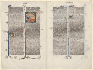 Bifolio da una Bibbia: Iniziale E[t factum est] con Ezechiele