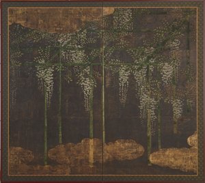 Glicine in fiore su un pergolato di bambù, periodo Momoyama, XVI-XVII secolo da Unbekannt