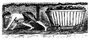 Ragazzo che spinge un carrello contenente carbone lungo una cucitura alta 24 pollici, Halifax, Yorkshire, 1848