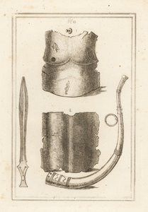 Pettorale e schienale di antica corazza romana 1,2, lituo romano o tromba militare 3 e antica spada di ottone 4
