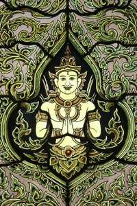 Buddha. Vetrata. Tempio di Marmo. Wat Benchamabophit Dusitvanaram Ratchaworawiharn. 1899. Bangkok, Thailandia