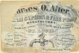Biglietto da visita di James O. Alter, fabbrica di sifoni a vapore e pompe antincendio, St. Louis, ca. 1870 da Unbekannt
