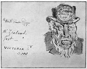 Cartone animato che raffigura il leader boero Paul Kruger come un Maori, 1900