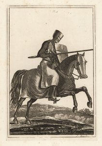 Cavaliere in carica del XII e XIII secolo in cotta di maglia, elmo piatto, lancia, scudo riscaldatore, armatura per le gambe, sella da guerra