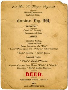 Menù del giorno di Natale, 2° Battaglione del Reggimento dei Re, Iraq, 1926 da Unbekannt