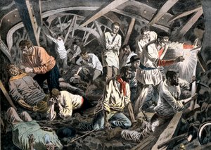 Minatori intrappolati sottoterra da una caduta del tetto, miniere di Courrieres, Pas-de-Calais, Francia, 1906