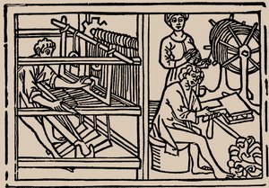 Pettinatura, filatura e tessitura della lana. Da Speculum Vitae Humanae di Rodericus Zamorensis, 1479