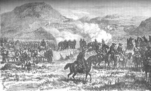 Copertura della ritirata del cinquantottesimo reggimento dopo la battaglia di Laings Nek, c1880