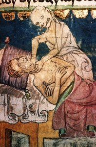 La morte strangola una vittima della peste. Dal Codice Stiny, 14º secolo da Unbekannt