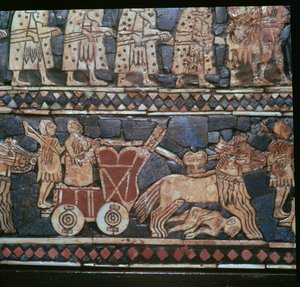 (dettaglio) dello Stendardo di Ur, mostrando un Carro da Guerra Sumero, Iraq meridionale, circa 2600-2400 a.C.