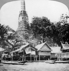 Dhow e case sul fiume Chao Phraya, Bangkok, Thailandia, anni 1900 da Unbekannt