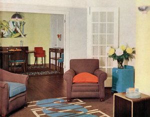 Sala da pranzo e salotto in un appartamento ricostruito a Londra per Mrs. Harry Ewbank a Bryanston Court da Unbekannt