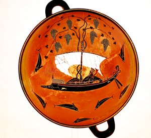 Dionisio in una barca a vela circondato da delfini, antica coppa greca Krater, 530 a.C.