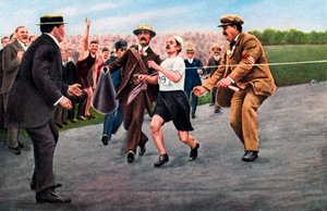 Dorando Pietri che termina la prima maratona olimpica moderna, Londra, 1908