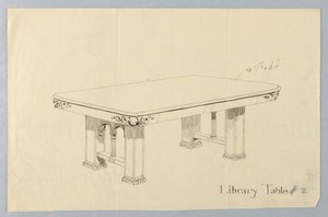 Disegno, Progetto per un Tavolo da Biblioteca Rettangolare #2 con Facce di Putti Intagliate su Ognuno degli Angoli Arrotondati da Unbekannt