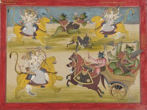 Durga che combatte i rakshasha Shunga e Nishunga, da un Devi Mahatmya