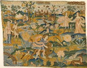 Quadro ricamato: Uomo con un leone in un paesaggio con due coppie, seconda metà del XVII secolo da Unbekannt