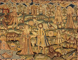 Pannello ricamato che mostra persone, fiori, insetti, pesci e animali, XVII secolo da Unbekannt