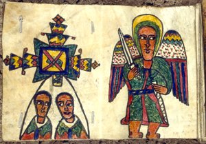 Libro di preghiere etiope che mostra un angelo con una spada e due uomini, probabilmente sacerdoti, XIX secolo