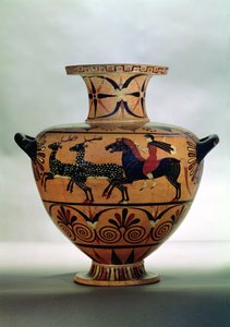 Idria a figure nere etrusco-ionica che raffigura una scena di caccia, da Cerveteri, c.540-530 a.C.
