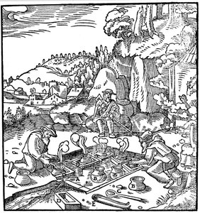 Pentole di evaporazione della salamoia in una sorgente termale naturale per ottenere il sale, 1556